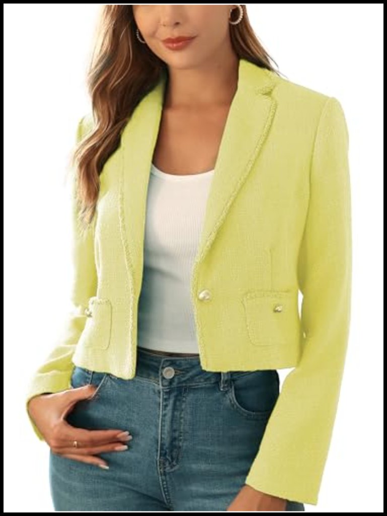 Cropped Tweed Jacket Blazer With Pockets Long Sleeve Open Front Notch Lapel